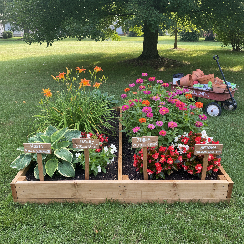A cheerful raised garden bed divided into neat sections, half planted with sturdy, returning perennials like hostas and daylilies, and half filled with bright, seasonal annuals like zinnias and begonias. Each plant is labeled with charming, hand-painted wooden markers nestled into the dark, freshly watered soil. The bed sits in the center of a small suburban yard, surrounded by a simple grass lawn and a weathered red wagon parked nearby overflowing with flower pots. Soft morning sunlight filters through the leaves of a nearby maple tree, creating dappled patches of light and shadow across the plants. Captured from a slightly elevated angle to clearly show the layout, the composition uses the rule of thirds to balance perennials and annuals. The atmosphere is playful, educational, and inviting, rendered in vivid photographic realism with natural colors and crisp detail.
