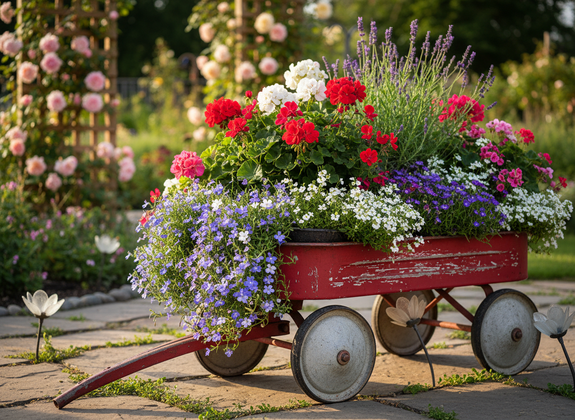 A whimsical vintage red garden wagon overflowing with an eclectic mix of flowering annuals and perennials, including trailing lobelia spilling over the sides, bright geraniums, tiny alyssum, and upright lavender spikes. The wagon rests on a flagstone path bordered by tufts of creeping thyme and small decorative solar lights shaped like flowers. Behind it, a slightly blurred backdrop of a cottage-style garden with climbing roses on a trellis adds depth. Soft golden hour sunlight warms the red paint of the wagon and makes the flower colors pop, casting long, playful shadows across the path. Shot from a low, three-quarter angle, the wagon fills most of the frame, with a shallow depth of field isolating it as the main subject. The mood is nostalgic, fun, and delightfully playful, captured in bright, realistic photography with rich textures and saturated color.